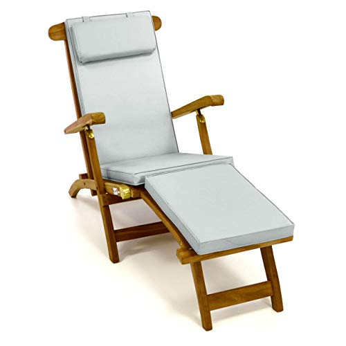 Nexos DIVERO Liegestuhl eleganter Deckchair Florentine Steamer Chair Teakholz Liegenauflage mit Kopfteil mit 4 Segmenten wasserabweisend Bezug abnehmbar mit Reißverschluss (grau) von Nexos