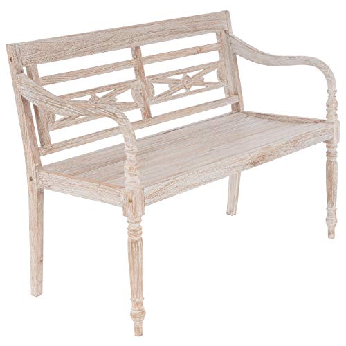 Nexos Trading Divero Gartenbank Sitzbank Parkbank 2-Sitzer aus Teak-Holz White Washed Shabby Chic massiv Handarbeit mit Schnitzereien für Terrasse Garten Balkon 120 cm (White Wash) von Nexos Trading