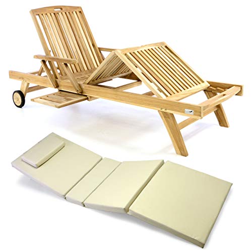 Divero Sonnenliege Holzliege Gartenliege Teak-Holz unbehandelt mehrfach verstellbar inkl. Räder Tablett + Liegen-Auflage 4-teilig wasserabweisend orange grün creme (Farbe wählbar) (Creme) von Nexos Trading