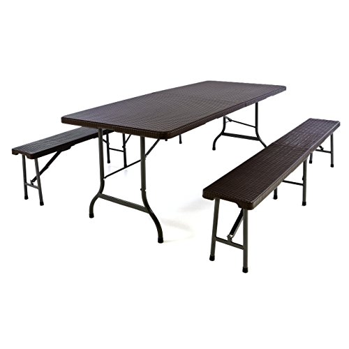 Nexos Gartengarnitur 1 Partytisch 2 Bänke klappbar Rattan-Optik Bierzeltgarnitur braun Set Festzelt Campingset Klapptisch robust Wetterfest von Nexos Trading