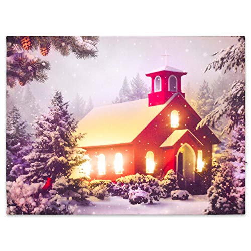 Nexos Trading LED Wandbild Leinwandbild mit Beleuchtung 30x40 cm rotes Kirche Fotodruck Kunstdruck Leuchtbild Weihnachten Batterie Winteridylle Effekt-LED von Nexos Trading