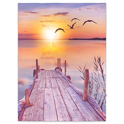 Nexos Trading LED Wandbild Leinwandbild mit Beleuchtung Fotodruck Abend am See 30x40 cm Kunstdruck Leuchtbild Steg 1 warmweiße LED Sonnenuntergang von Nexos Trading