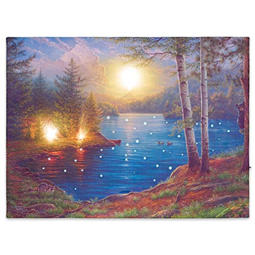 Nexos Trading LED Wandbild Leinwandbild mit Beleuchtung Fotodruck Lagerfeuer 30x40 cm Kunstdruck Leuchtbild Effekt-LED Herbstdeko Vollmond Bergsee Canada von Nexos Trading