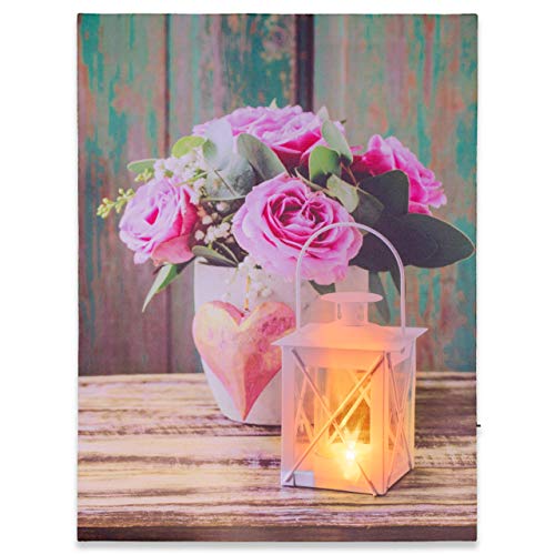 Nexos Trading LED Wandbild mit Beleuchtung Fotodruck Love 30 x 40 cm Kunstdruck Leuchtbild Rose Lampe Vintage-Stil Shabby Chic Hütte Leinwandbild Bauernhaus mit Timer von Nexos Trading