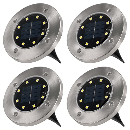 Nexos Trading Solar Bodenstrahler 4er Set mit 8 LED weiß aus Edelstahl Einbauleuchte 12 cm Wegbeleuchtung Wegmarkierung Gartenbeleuchtung Gehweg Treppenlicht von Nexos Trading