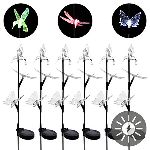 Solarlampe 6er Set mit Kolibri Schmetterling Libelle LED Farbwechsel Gartenbeleuchtung Dekoration Solar Leuchte Solarstecker Kunststoff Edelstahl von Nexos Trading