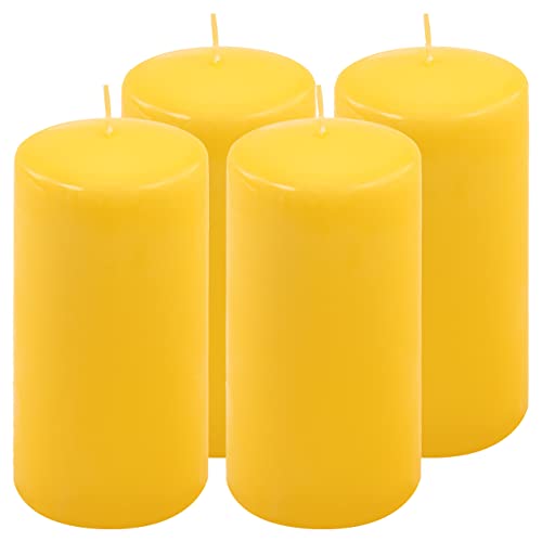 Stumpenkerze Höhe 15 cm Ø 7,5 cm lange Brenndauer Rund-Kerze Säulenkerzen Kerzen-Deko Tafelkerzen Weihnachts-Kerzen Hochzeit Xmas (gelb, 4) von Nexos Trading