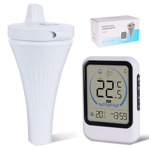 2025 Verbessertes Poolthermometer Digital Funk, IPX7 Wlan Schwimmende Wasserthermometer Mit Indoor Temperatur LCD Monitor für 80m Reichweite,Badethermometer für Eisbad, Pools, Whirlpools, Spas von Nexstron
