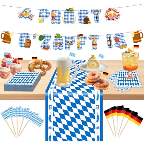 Nexum Oktoberfest Bayrische Deko Set mit O'zapft is Prost Girlande aus Wabengewebe Servietten 33x33cm Einschulung Papierservietten Schulanfang Deko Party Zubehör (C) von Nexum