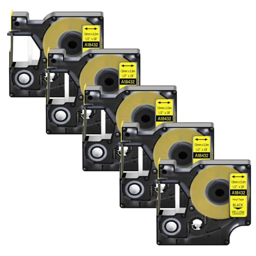 NexusDrive 5pcs schwarz auf weißem ind kompatibel mit Flexibles Nylon -Etikettband für 18488 18489 Universal Fit 12mm(5PK Vinyl Yellow) von NexusDrive
