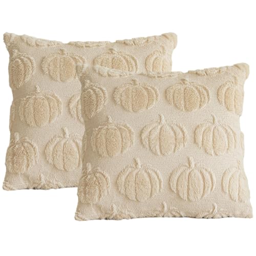 NexusGoods Herbstdekoration Kürbiskissen - Weicher Plüschbezug & Innen (3 Optionen: Nur Bezug, Nur Einsatz, Komplettes Set) für Halloween Thanksgiving (Beige A,50x50cm,Nur Bezüge) von NexusGoods