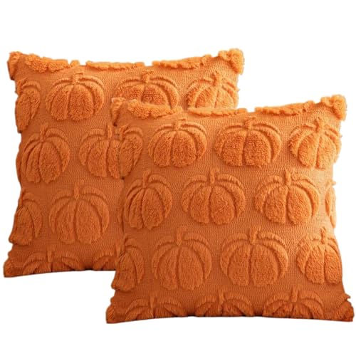 NexusGoods Herbstdekoration Kürbiskissen - Weicher Plüschbezug & Innen (3 Optionen: Nur Bezug, Nur Einsatz, Komplettes Set) für Halloween Thanksgiving (Orange A,50x50cm,Kissen mit Bezug) von NexusGoods