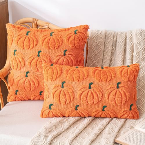 NexusGoods Herbstdekoration Kürbiskissen - Weicher Plüschbezug & Innen (3 Optionen: Nur Bezug, Nur Einsatz, Komplettes Set) für Halloween Thanksgiving (Orange B,50x50cm+30x50cm,Kissen mit Bezug) von NexusGoods