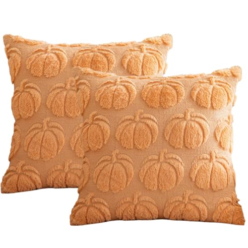 NexusGoods Herbstdekoration Kürbiskissen - Weicher Plüschbezug & Innen (3 Optionen: Nur Bezug, Nur Einsatz, Komplettes Set) für Halloween Thanksgiving (Orangegelb,50x50cm,Nur Bezüge) von NexusGoods