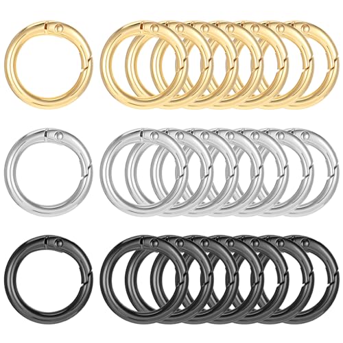 Neyauo 24 Stück Karabiner Rund, 25 mm O-Ring Legierung Karabiner Gold Silber Schwarz, Feder Spaltringe, Klein Schlüsselring, für Bastelarbeiten DIY Taschenringe Handwerk Machen Zubehör von Neyauo