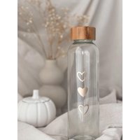 Glasflasche Mit 3 Herzen - Stilvolle Trinkflasche Holzdeckel 500Ml Für Den Alltag, Zuhause & Als Geschenk von NeylaCreative