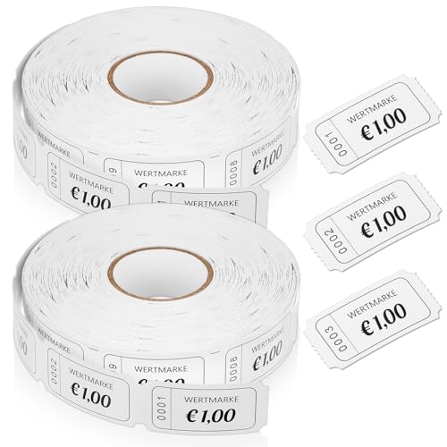 Nezyo 2 Rollen Wertmarken 1 Euro Getränke Marken Rolle 2 x 1000 Bons Essensmarken Pfandmarken Lose Tombola Buffet Ticket Verzehrkarten für Geschäfte Hochzeit Party Events Karneval Bar Club(Weiß) von Nezyo
