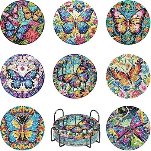 Nhgkju Diamond Painting-Untersetzer Set von 8 - Wärmeisolierer mit Kunststoff-Strassendrillen - 10x10 cm - Mit Halterung & DIY Materialset - rutschfest für Büro, Esszimmer (Schmetterlinge) von Nhgkju