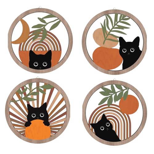 Nhujevkom Katzen Bad Wanddeko,Bohemian Katzen Deko - Holz 4-Teilige Moderne Wanddekoration Für Flur Schlafzimmer Wohnung Zuhause Wohnzimmer von Nhujevkom