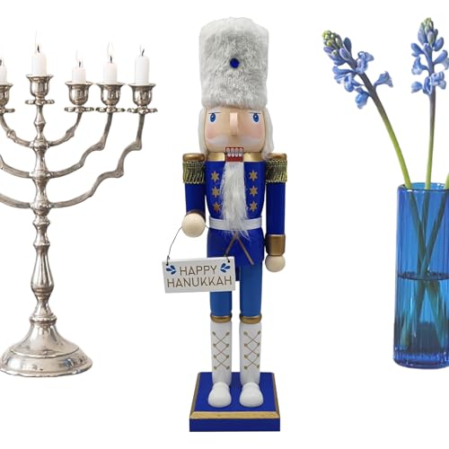 Nhujevkom Nussknacker-Soldat – Chanukkah-Nussknacker-Figuren aus Holz, Soldat, weiß und blau, Tischdekoration, Desktop-Puppe, Ornament für Kamin, Fenster, Tisch, Küchenschrank, Arbeitsplatte von Nhujevkom