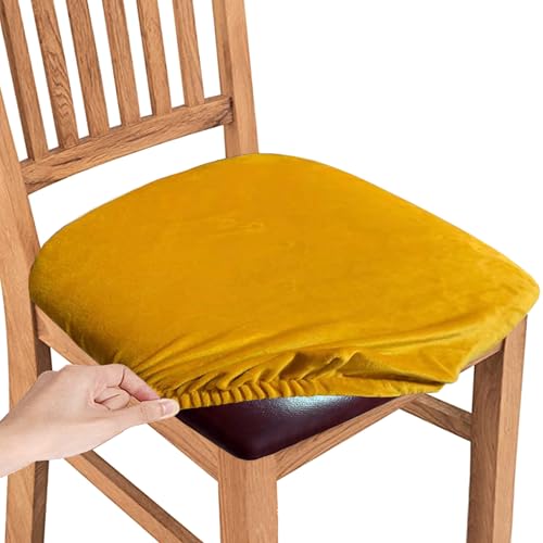NiCola Esszimmerstuhl-Sitzbezüge aus Samt, gelber Samt, Esszimmerstuhlhussen, dehnbar, mit Bändern, für Bankett, Küche, Party, Hotel (gelb, 4er-Set) von NiCola