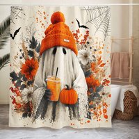 Duschvorhang Geist Herbst - Halloween Bad Deko Orange, Herbstlicher Kürbis, Lustiger Boho Duschvorhang, Pumpkin Spice Baddeko von NiHisWelt