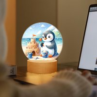 Pinguin Acryl Nachtlicht Led Lampe - Kinderzimmer Schlaflicht Mit Sandburg Motiv Holzfuß Boho Deko Geschenkidee Baby Geburt Taufe von NiHisWelt