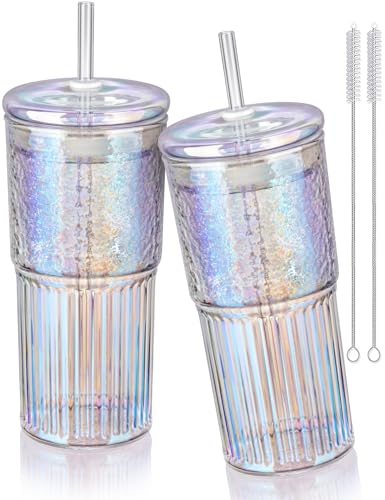 NiHome 2 Stück Trinkbecher mit Deckel und Strohhalm, 650 ml, Eiskaffee Gläser, Bubble Tee Becher, Trinkgläser,Smoothie Becher mit Strohhalmen, weiter Mundwasserbecher mit Schalldämpferring von NiHome