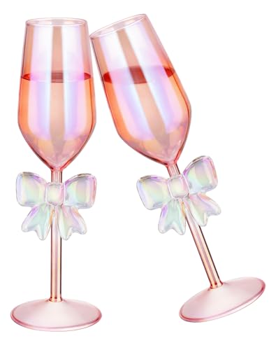 NiHome 2er-Set Rosa Schillernde Champagner Gläser 310 ml – Elegante Sektgläser mit Schleifenfuß aus Borosilikatglas, Handgefertigte Sektkelche für Hochzeit, Feier, Weißwein & Prosecco von NiHome