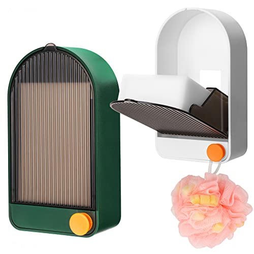 NiHome 2er-Set Wandmontage Seifenbox mit Deckel und Abfluss, selbstklebend, bohrfrei, wasserdicht, staubdicht, rutschfest, für Badezimmer, Dusche, Badewanne, Küche (Grün + Weiß) von NiHome