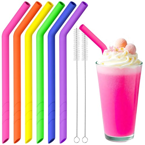 NiHome 6 Stück Silikon Strohhalme Wiederverwendbar, Extra Breite Trinkhalme für Boba, Smoothies & Bubble Tea – Zuschneidbare Länge, BPA-frei, mit 2 Reinigungsbürsten, Spülmaschinenfest (Neonfarben) von NiHome