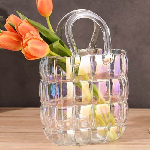 NiHome Glas-Geldbörsen-Vase, schillernde Glas-Taschen-Vase mit Griff, Handtaschen-Form, Vase für Blumen, Bauernhaus-Dekoration, handgefertigte breite Öffnung, Wohnzimmer, Esstischdekoration von NiHome