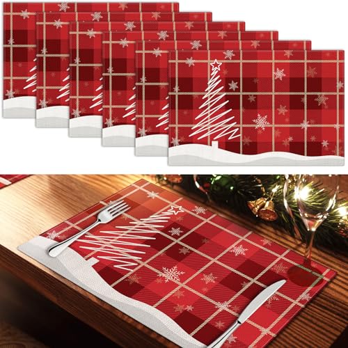 NiHome Linen Merry Christmas Tree Platzsets, 6er-Set, rotes Büffelkariert, Weihnachts-Tischsets, 6er-Pack, Esstischmatten für Party und Tischdekoration, doppellagiger Stoff, rutschfest, von NiHome