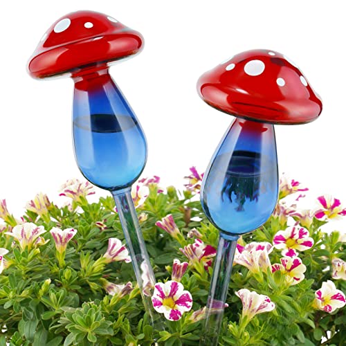 NiHome Pilz Aqua Spike Bewässerung Zimmerpflanzen, 2 Stück Pflanzen Wasserspender, Farbverlauf, Rot, Blau, mundgeblasener Glas, Topf, hängende Blume, automatisches Bewässerungssystem von NiHome