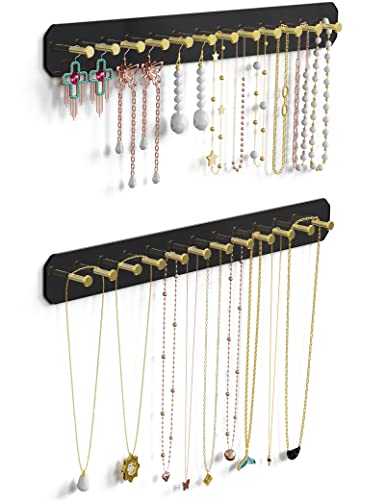 NiHome Schmuckaufbewahrungsorganizer zum Aufhängen, Wandmontierter Schmuckhalter aus Acryl mit 24 goldenen runden Haken, Aufhängbarer Kettenhalter für Armbänder, Schlüssel - Schwarz, 2 Stück von NiHome