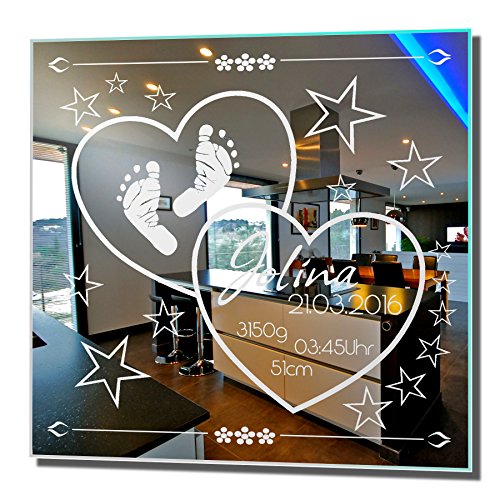 NiTec Olbernhau Motivspiegel Geburt 15 30x30cm Spiegel mit Gravur ihrer persönlichen Daten, Geschenk zur Geburt oder Taufe von Junge oder Mädchen von NiTec Olbernhau