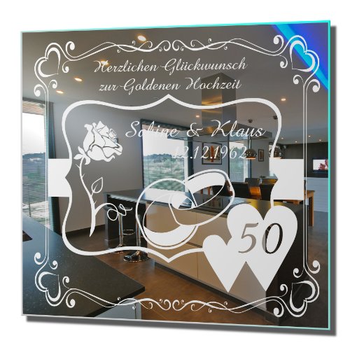 NiTec Olbernhau Motivspiegel Goldene Hochzeit 3 Geschenk Wandspiegel Spiegel mit Gravur Wandbild (45x45cm) von NiTec Olbernhau