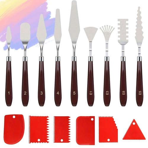 Niaciswe Malmesser 15 Stück Palettenmesser Acrylmalerei Set Spachtel Acrylmalerei Spachtel Künstlerbedarf zum Ölgemälde Abstreifmesser Malwerkzeug 9 Edelstahl Malmesser + 6 Abstreifermesser Acryl von Niaciswe