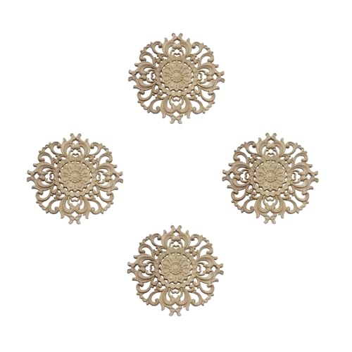 Niaciswe Runden Holzschnitzerei Ornament 4 Stück Schnitzerei Ornament Applique Holz Applique Ornament Holz Geschnitzte Deko Holz Verzierung Schnitzerei Ornament Holz Geschnitzte Möbel Appliques von Niaciswe
