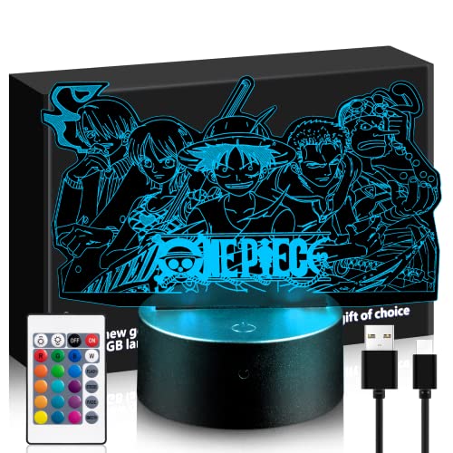 Niaetuto One Piece Lampe, 3D LED-Lampe, Nachtlicht LED für Kinder, mit Fernbedienung, 16 Farben, optische Lampe, Illusion, Manga-Lampe, Touch-Bedienung, Schlafzimmer, Deko für Mädchen, Sohn von Niaetuto