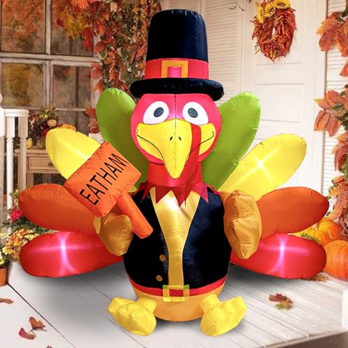 Nialnant Aufblasbare Outdoor-Dekorationen mit Pilgerhut und buntem Schwanz, Thanksgiving-Truthahn mit integrierten LEDs für Hof, Party, Garten, Rasen, Herbstdekoration, 1,8 m von Nialnant
