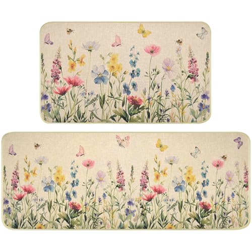 Nialnant Wildflower Spring Küchenmatten, 2er-Set, Vintage-Blumen, Schmetterlinge, Küchenteppiche für Boden, rutschfeste Küchenmatten, waschbare Küchenmatten für den Boden, 43,2 x 129,2 cm + 43,2 x Nialnant Wildflower Spring Küchenmatten, 2er-Set, Vintage-Blumen, Schmetterlinge, Küchenteppiche für Boden, rutschfeste Küchenmatten, waschbare Küchenmatten für den Boden, 43,2 x 129,2 cm + 43,2 x von Nialnant