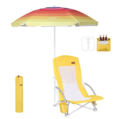 Nice C Strandstuhl, Strandstuhl Klappbar Leicht, Campingstuhl, Strandstühle für Erwachsene, mit UPF 50 Sonnenschirm und Kühltasche, Draußen (1 of Gelb) von Nice C