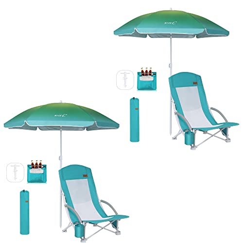 Nice C Strandstuhl, Campingstuhl, Strandstühle für Erwachsene, mit UPF 50 Sonnenschirm und Kühltasche, Outdoor(2 of Blau) von Nice C