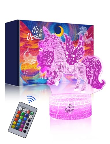 Nice Dream Einhorn Nachtlicht für Kinder, Einhorn Geschenke für Mädchen, Fernbedienung 16 Farbwechsel Dimmbar, Kinderzimmer LED Licht 3D Illusion Lampe für Mädchen Junge Schlafzimmer Dekor von Nice Dream