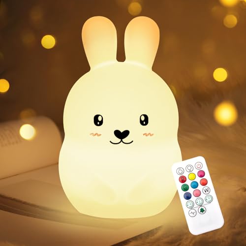 Nice Dream Nachtlicht für Kinder, 9 Color Silikon Baby Nachtlicht mit Fernbedienung, USB Wiederaufladbare Dimmbare Kinder Nachtlicht Kawaii Kinderzimmer Deko Mädchen Junge Geschenke (03-Kaninchen) von Nice Dream