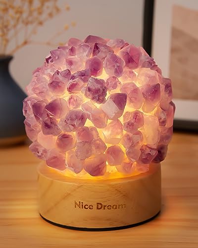 Nice Dream Natürlicher Amethyst Lampe mit Holzsockel, Heil Kristall Nachtlicht für Meditation, Yoga, Reiki Heil, Kristalllicht Schlafzimmer Dekor Geschenk für Frauen und Mädchen von Nice Dream