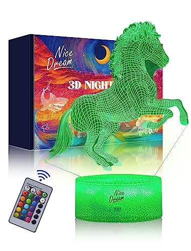 Nice Dream Pferd Nachtlicht für Kinder, 3D Illusion Lampe Kinderzimmer LED Licht, Fernbedienung 16 Farbwechsel Dimmbar, Weihnachtsgeschenke für Mädchen Junge Wohnzimmer Schlafzimmer Dekor von Nice Dream