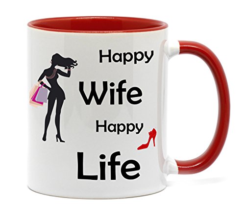 NICE-PRESENTS Happy Wife - Happy Life Tasse aus hochwertiger Keramik - Spülmaschinenfest !! mit Spruch in hochwertiger Qualität. (A-Rot) von NICE-PRESENTS