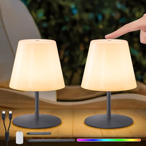 NiceBuy LED Tischlampe Akku 2er Set Touch Dimmbar Warmweiß/RGB USB-C Aufladbar Tischleuchte kabellos Mini Klein IP44 für Wohnzimmer Balkon Patio Terrasse​ (Grau) von NiceBuy